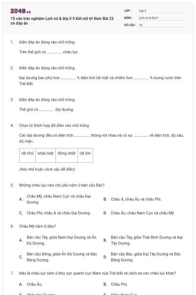 15 câu trắc nghiệm Lịch sử & Địa lí 5 Kết nối tri thức Bài 22 có đáp án
