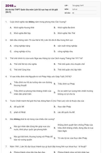 Đề thi thử THPT Quốc Gia môn Lịch Sử cực hay có lời giải (Đề 5)