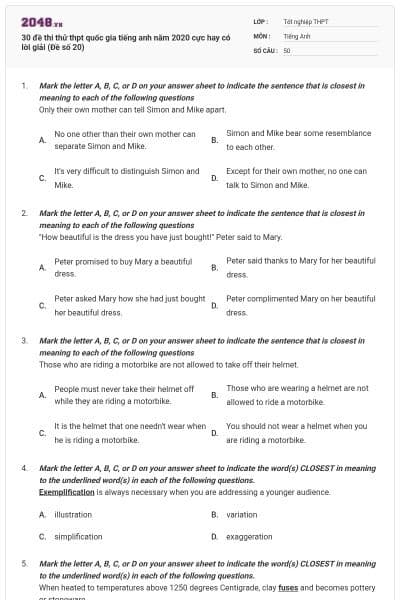 30 đề thi thử thpt quốc gia tiếng anh năm 2020 cực hay có lời giải (Đề số 20)