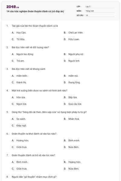 14 câu trắc nghiệm Đoàn thuyền đánh cá (có đáp án)