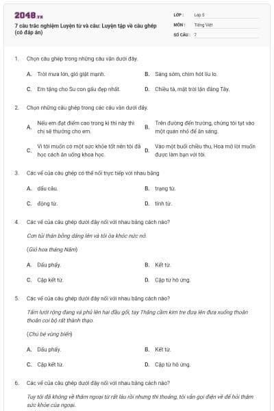 7 câu trắc nghiệm Luyện từ và câu: Luyện tập về câu ghép (có đáp án)