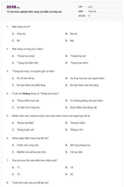 13 câu trắc nghiệm Khu rừng của Mát (có đáp án)