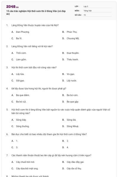 15 câu trắc nghiệm Hội thổi cơm thi ở Đồng Vân (có đáp án)