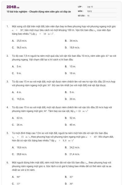 10 bài trắc nghiệm - Chuyển động ném xiên góc có đáp án