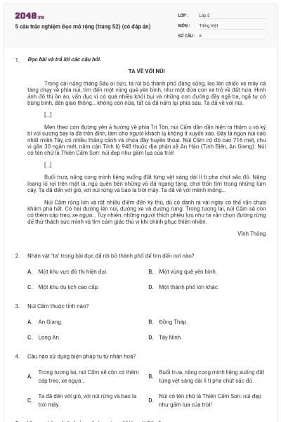5 câu trắc nghiệm Đọc mở rộng (trang 52) (có đáp án)