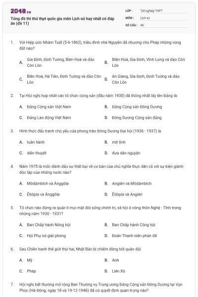Tổng đề thi thử thpt quốc gia môn Lịch sử hay nhất có đáp án (đề 11)