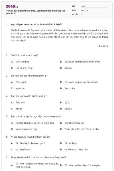 10 câu trắc nghiệm Giới thiệu bản thân Chân trời sáng tạo có đáp án