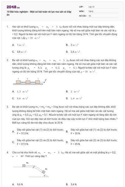 10 Bài trắc nghiệm - Một số bài toán về lực ma sát có đáp án