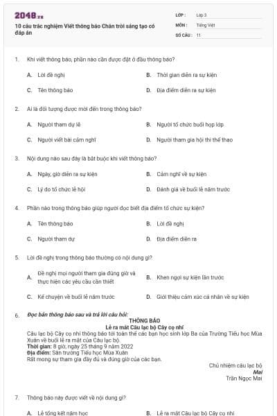 10 câu trắc nghiệm Viết thông báo Chân trời sáng tạo có đáp án