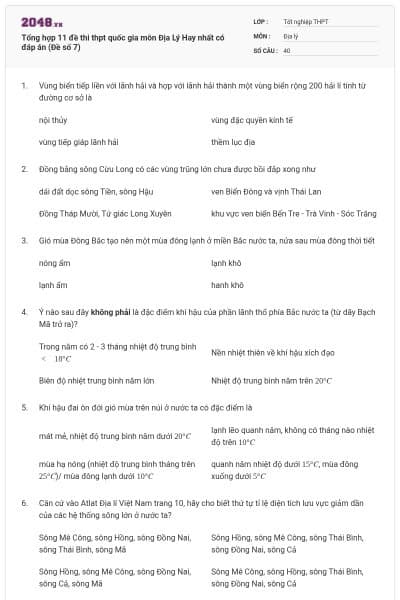 Tổng hợp 11 đề thi thpt quốc gia môn Địa Lý Hay nhất có đáp án (Đề số 7)