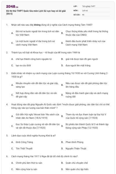 Đề thi thử THPT Quốc Gia môn Lịch Sử cực hay có lời giải (Đề 6)