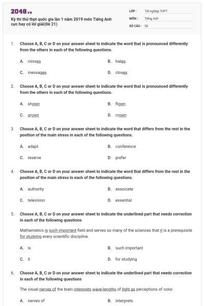 Kỳ thi thử thpt quốc gia lần 1 năm 2019 môn Tiếng Anh cực hay có lời giải(Đề 21)