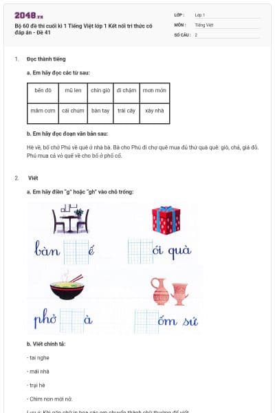 Bộ 60 đề thi cuối kì 1 Tiếng Việt lớp 1 Kết nối tri thức có đáp án - Đề 41