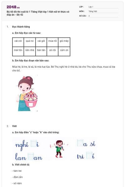 Bộ 60 đề thi cuối kì 1 Tiếng Việt lớp 1 Kết nối tri thức có đáp án - Đề 42