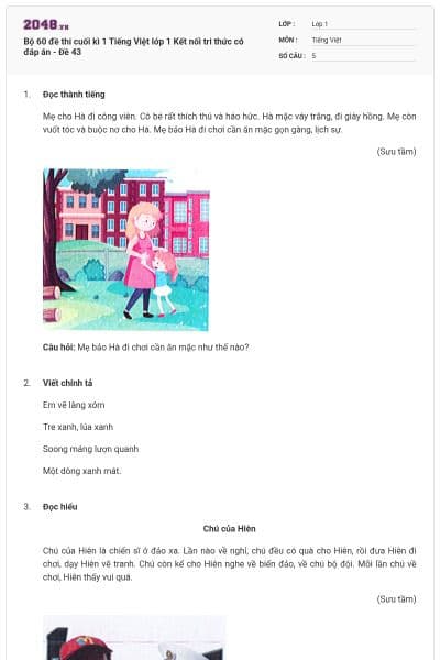 Bộ 60 đề thi cuối kì 1 Tiếng Việt lớp 1 Kết nối tri thức có đáp án - Đề 43