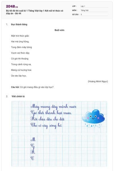 Bộ 60 đề thi cuối kì 1 Tiếng Việt lớp 1 Kết nối tri thức có đáp án - Đề 44