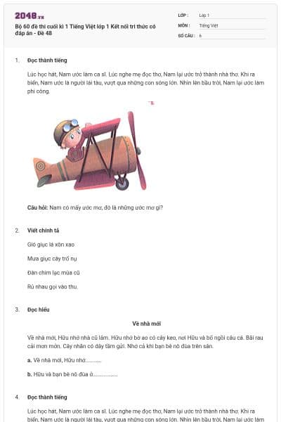 Bộ 60 đề thi cuối kì 1 Tiếng Việt lớp 1 Kết nối tri thức có đáp án - Đề 48