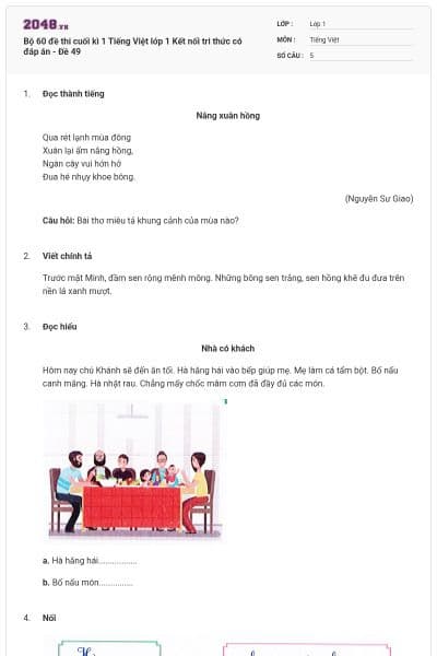 Bộ 60 đề thi cuối kì 1 Tiếng Việt lớp 1 Kết nối tri thức có đáp án - Đề 49