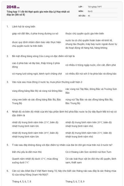 Tổng hợp 11 đề thi thpt quốc gia môn Địa Lý Hay nhất có đáp án (Đề số 8)
