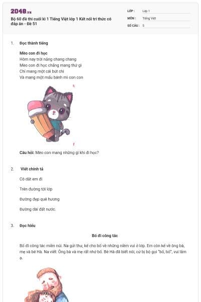 Bộ 60 đề thi cuối kì 1 Tiếng Việt lớp 1 Kết nối tri thức có đáp án - Đề 51