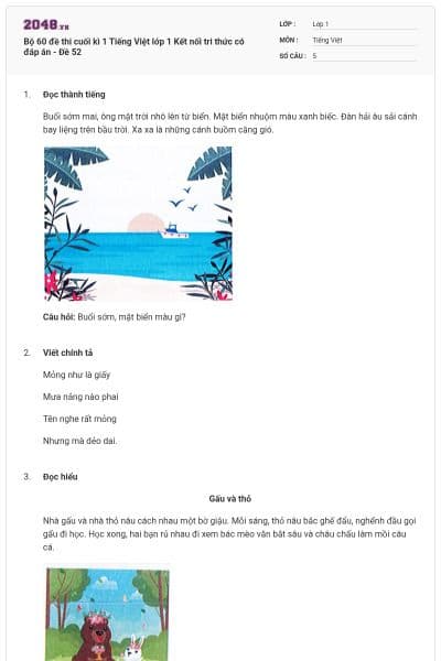 Bộ 60 đề thi cuối kì 1 Tiếng Việt lớp 1 Kết nối tri thức có đáp án - Đề 52