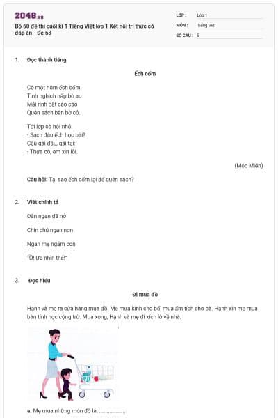 Bộ 60 đề thi cuối kì 1 Tiếng Việt lớp 1 Kết nối tri thức có đáp án - Đề 53