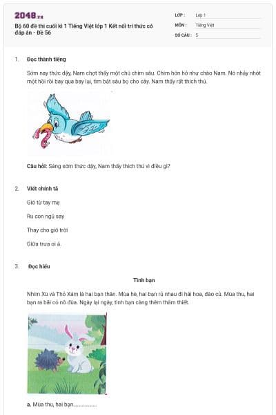Bộ 60 đề thi cuối kì 1 Tiếng Việt lớp 1 Kết nối tri thức có đáp án - Đề 56