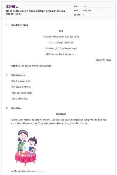 Bộ 60 đề thi cuối kì 1 Tiếng Việt lớp 1 Kết nối tri thức có đáp án - Đề 57