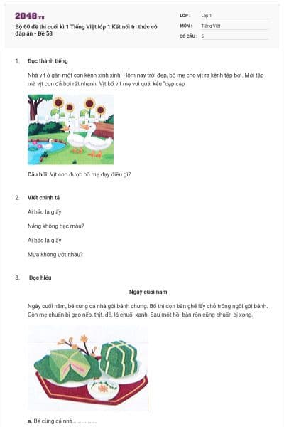 Bộ 60 đề thi cuối kì 1 Tiếng Việt lớp 1 Kết nối tri thức có đáp án - Đề 58