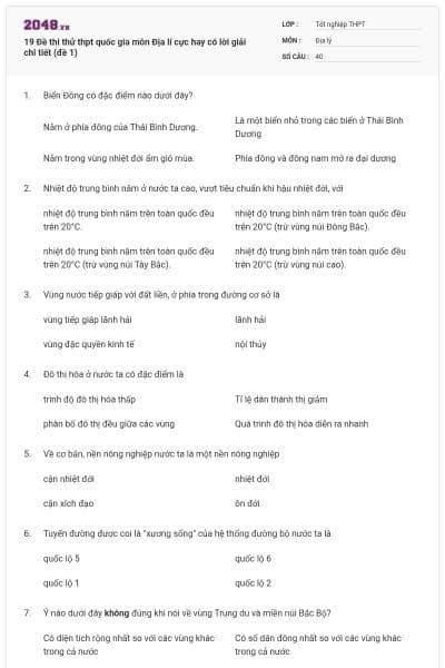19 Đề thi thử thpt quốc gia môn Địa lí cực hay có lời giải chi tiết (đề 1)