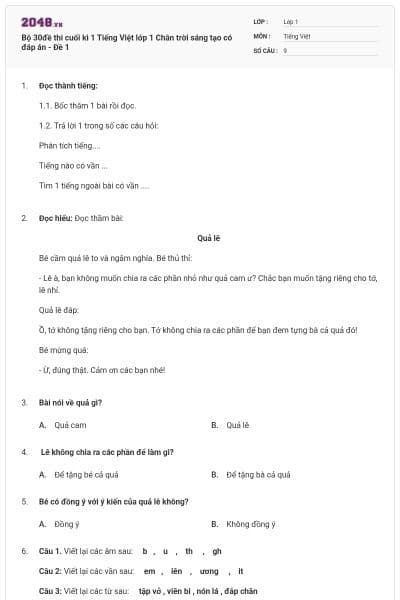 Bộ 30đề thi cuối kì 1 Tiếng Việt lớp 1 Chân trời sáng tạo có đáp án - Đề 1