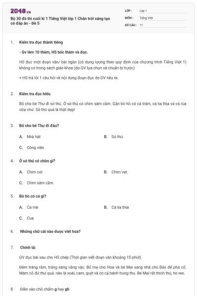 Bộ 30 đề thi cuối kì 1 Tiếng Việt lớp 1 Chân trời sáng tạo có đáp án - Đề 5