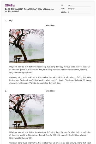 Bộ 30 đề thi cuối kì 1 Tiếng Việt lớp 1 Chân trời sáng tạo có đáp án - Đề 7