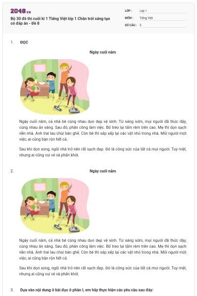 Bộ 30 đề thi cuối kì 1 Tiếng Việt lớp 1 Chân trời sáng tạo có đáp án - Đề 8