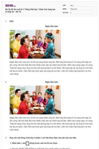 Bộ 30 đề thi cuối kì 1 Tiếng Việt lớp 1 Chân trời sáng tạo có đáp án - Đề 10