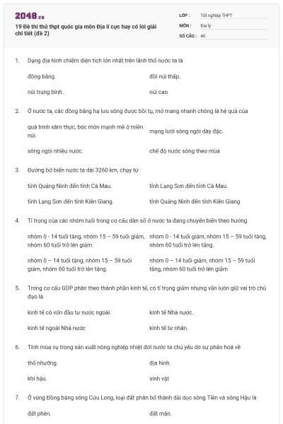 19 Đề thi thử thpt quốc gia môn Địa lí cực hay có lời giải chi tiết (đề 2)
