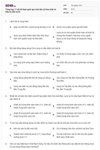 Tổng hợp 11 đề thi thpt quốc gia môn Địa Lý Hay nhất có đáp án (Đề số 8)