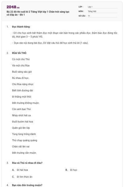 Bộ 22 đề thi cuối kì 2 Tiếng Việt lớp 1 Chân trời sáng tạo có đáp án - Đề 1