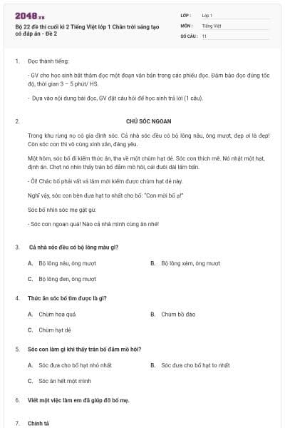Bộ 22 đề thi cuối kì 2 Tiếng Việt lớp 1 Chân trời sáng tạo có đáp án - Đề 2