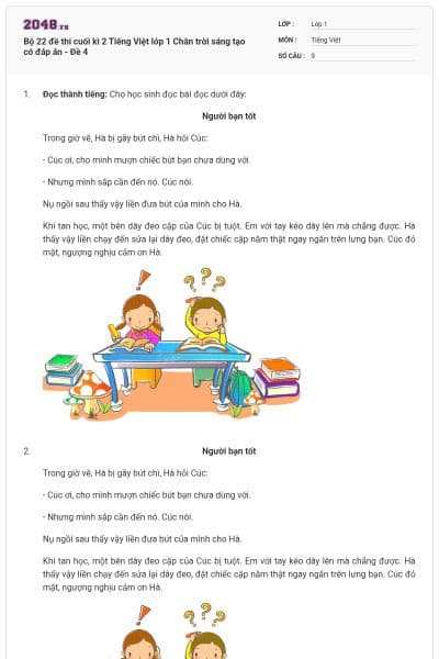 Bộ 22 đề thi cuối kì 2 Tiếng Việt lớp 1 Chân trời sáng tạo có đáp án - Đề 4