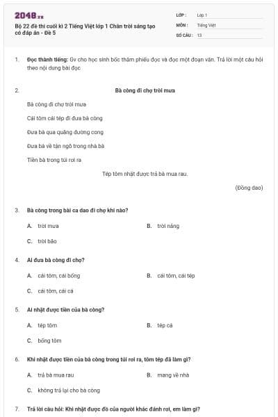 Bộ 22 đề thi cuối kì 2 Tiếng Việt lớp 1 Chân trời sáng tạo có đáp án - Đề 5