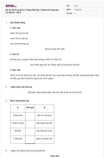 Bộ 22 đề thi cuối kì 2 Tiếng Việt lớp 1 Chân trời sáng tạo có đáp án - Đề 6