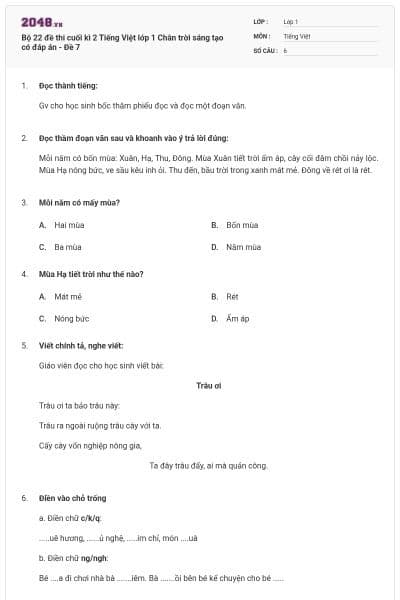 Bộ 22 đề thi cuối kì 2 Tiếng Việt lớp 1 Chân trời sáng tạo có đáp án - Đề 7