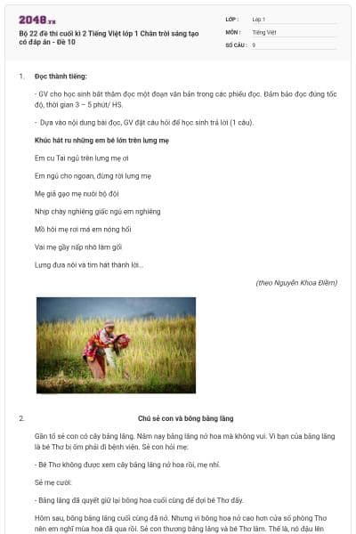 Bộ 22 đề thi cuối kì 2 Tiếng Việt lớp 1 Chân trời sáng tạo có đáp án - Đề 10