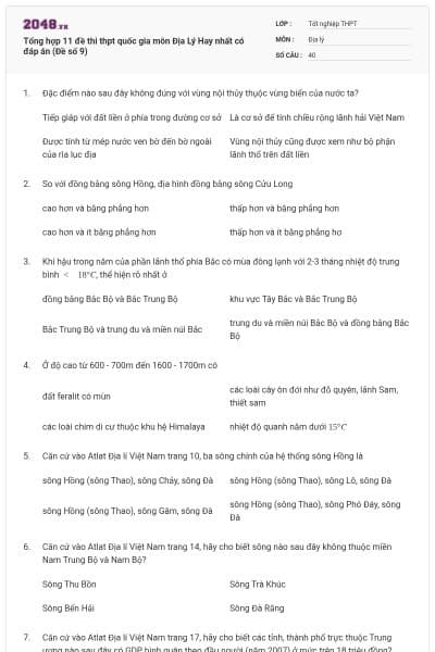 Tổng hợp 11 đề thi thpt quốc gia môn Địa Lý Hay nhất có đáp án (Đề số 9)