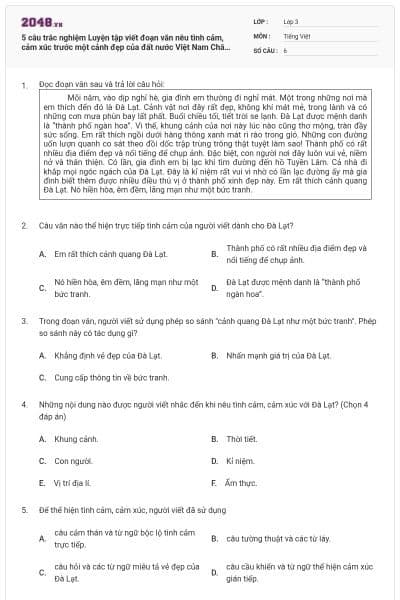 5 câu trắc nghiệm Luyện tập viết đoạn văn nêu tình cảm, cảm xúc trước một cảnh đẹp của đất nước Việt Nam Chân trời sáng tạo có đáp án