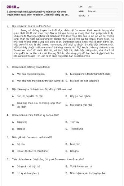 5 câu trắc nghiệm Luyện tập nói về một nhân vật trong truyện tranh hoặc phim hoạt hình Chân trời sáng tạo có đáp án