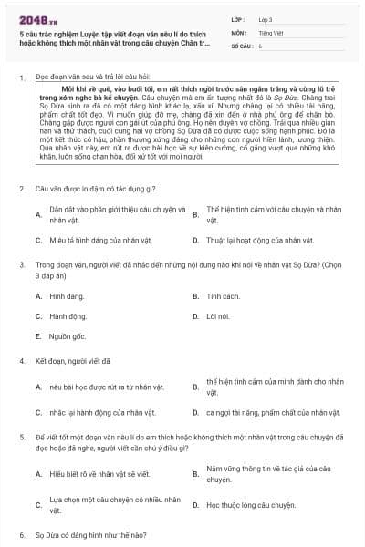 5 câu trắc nghiệm Luyện tập viết đoạn văn nêu lí do thích hoặc không thích một nhân vật trong câu chuyện Chân trời sáng tạo có đáp án