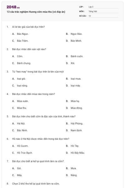 13 câu trắc nghiệm Hương cốm mùa thu (có đáp án)