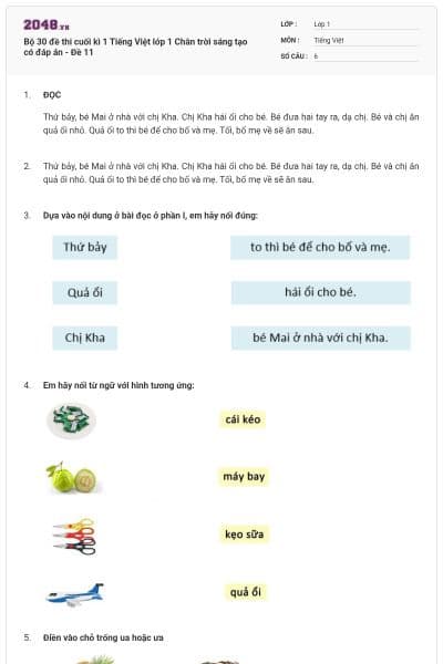 Bộ 30 đề thi cuối kì 1 Tiếng Việt lớp 1 Chân trời sáng tạo có đáp án - Đề 11